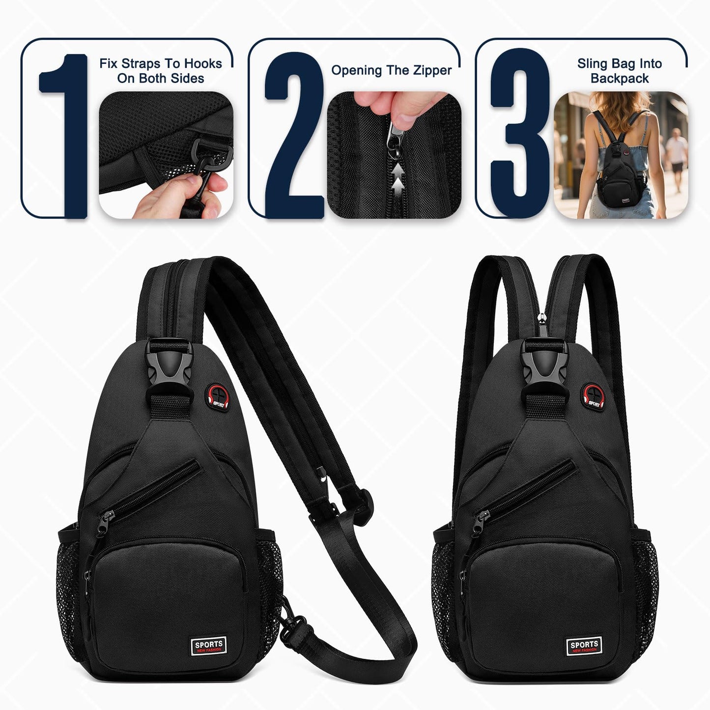 SUIKIHUM Convertible Sling Bag with Coin Pocket, 7.9" Tablet Crossbody Mini Backpack with Headphone Jack Casual Pack for Women Men Travel, Black