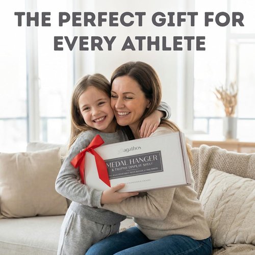 AGATHOS HOME Medal Hanger Display - Metal Trophy Shelf Holds 64+ Sports Medals | "Never Give Up" 16" Design