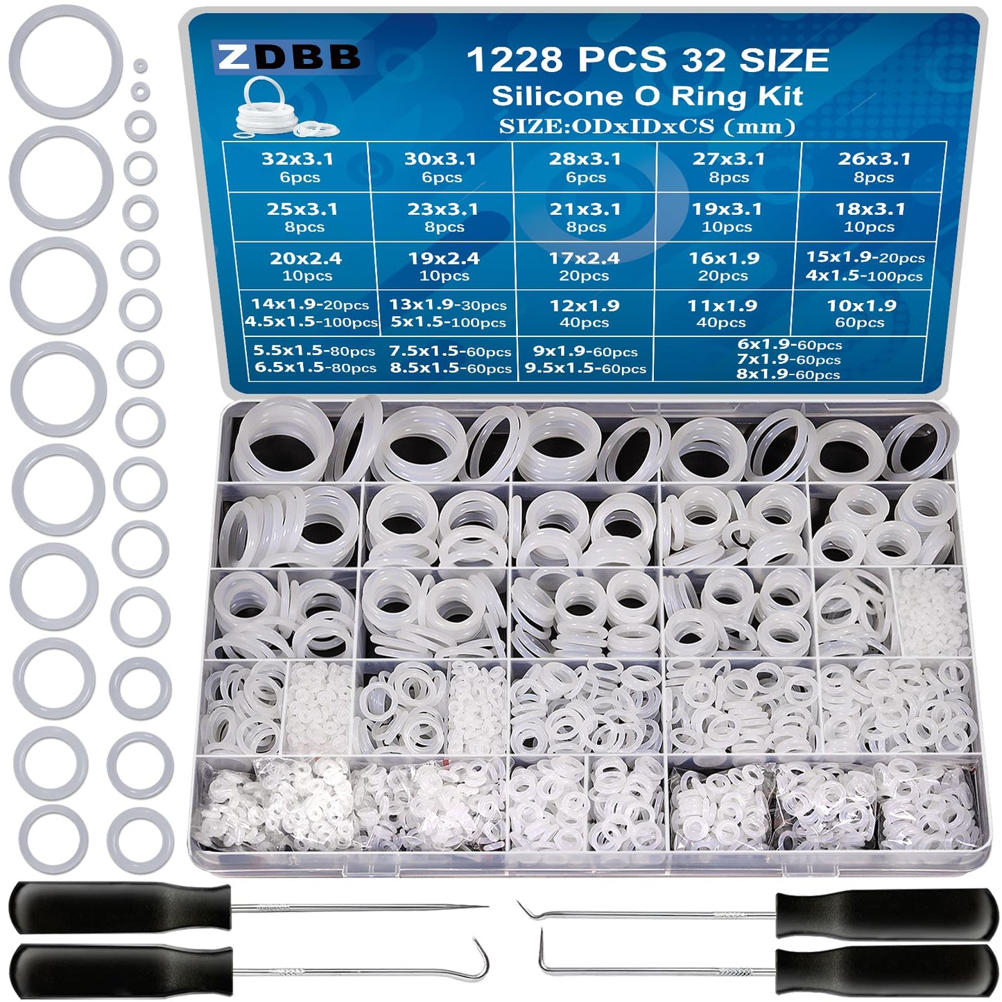 ZDBB 32 Size 1228 PCS Clear Food Grade Silicone O-Ring Kit, White Oil and Heat Resistant VMQ Seal O-Ring Washer Set for Sealing Faucets and Plumbing with Hook and Pick