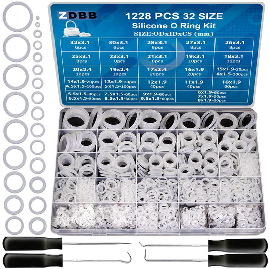 ZDBB 32 Size 1228 PCS Clear Food Grade Silicone O-Ring Kit, White Oil and Heat Resistant VMQ Seal O-Ring Washer Set for Sealing Faucets and Plumbing with Hook and Pick