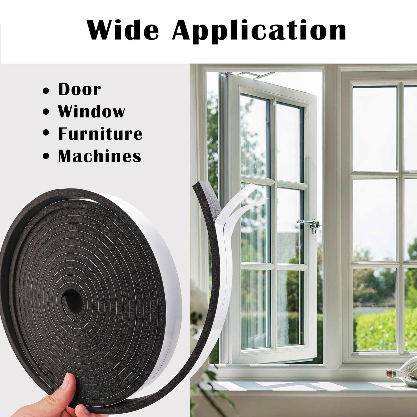 Black Foam Weather Stripping 1/4 Inch W x 1/8 Inch T,Single Sided Foam Tape for Door and Window，AC Seal,High Density Foam Insulation Strip,Soundproof and Closed Cell Weatherstrip 3 Roll(Total 50 Feet)