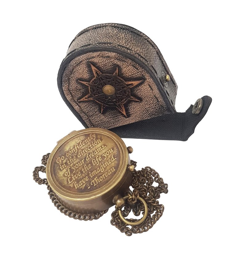 Hanzla Collection - Brass Compass Engraved with Thoreau's Go Confidently Quote and Stamped Leather Case, Boys Gifts