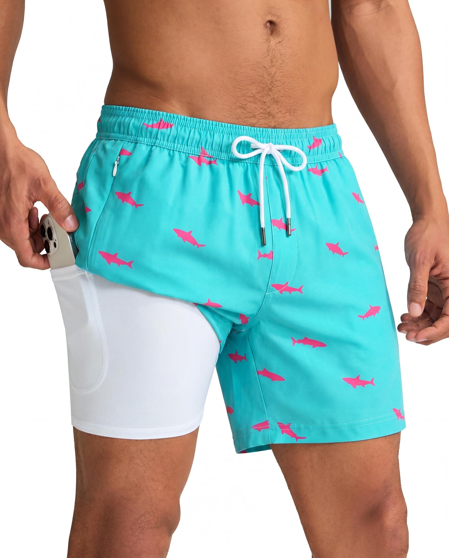 maamgic Mens Swim Trunks with Compression Liner 5 Inch, Quick Dry Bathing Suit with Zipper Pockets, Stretch No-Chafing Swim Shorts, SkyBlue-Pink Shark XX-Large