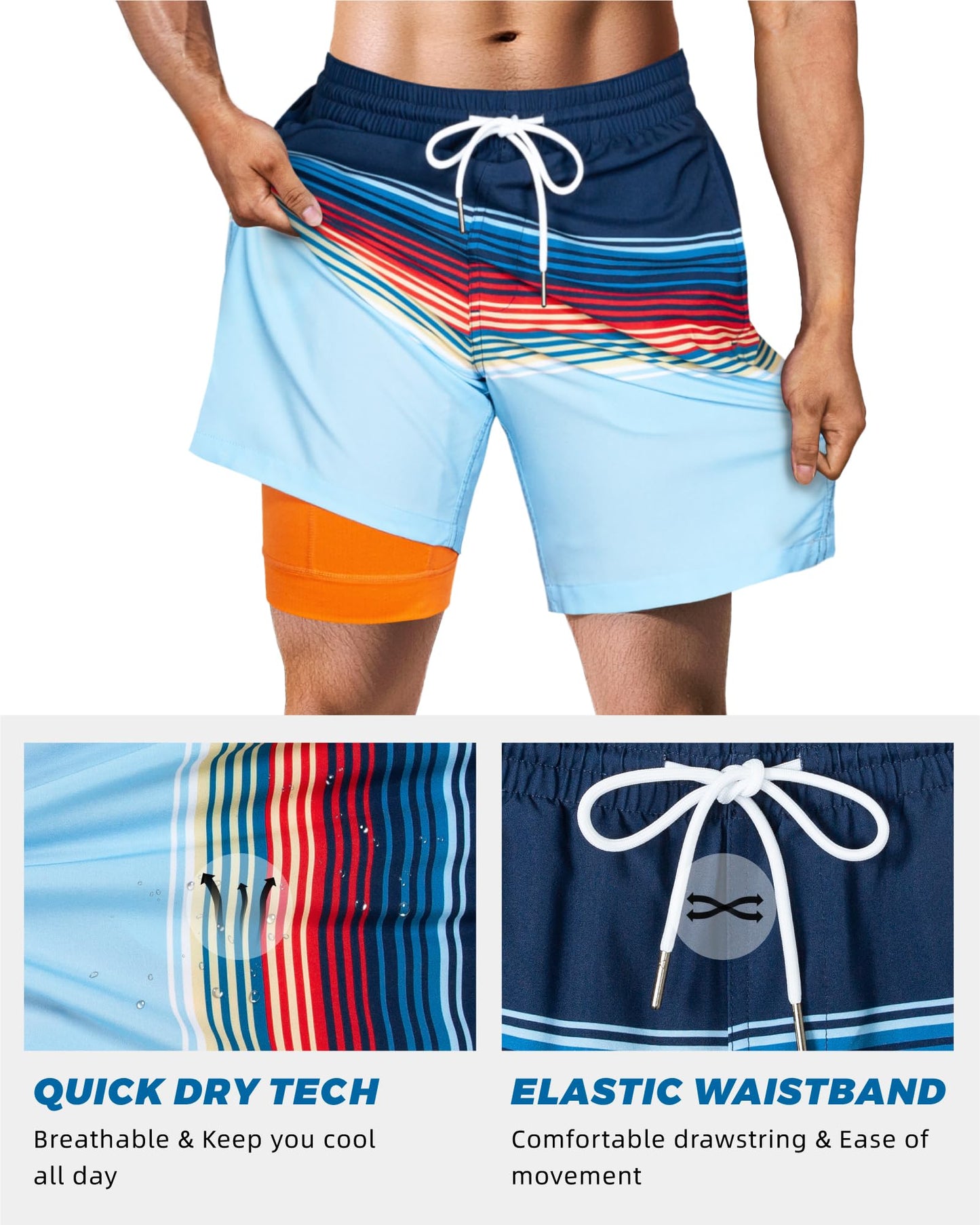 SURF CUZ Mens Swim Trunks with Compression Liner Quick Dry Swim Shorts 7" Swimming Trunks Stretch Zipper Pockets,Colorful Stripes,XS