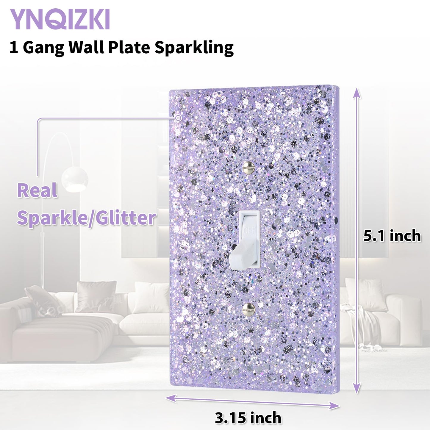 YNQIZKI Purple Glitter Light Switch Cover,Sparkle Wall Plate for Girls Room,Single Toggle 5.10''x3.15''