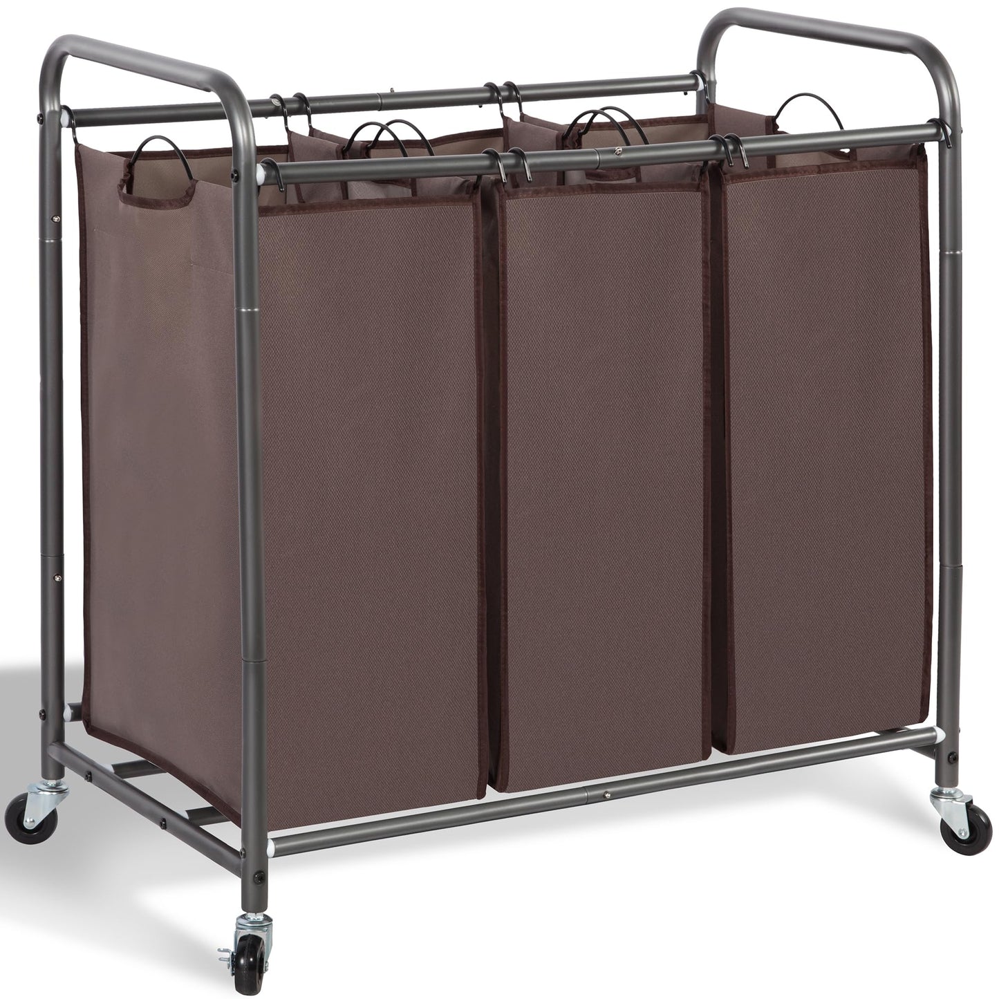 STORAGE MANIAC 3 Section Laundry Sorter, 35.9 Gal (136 L) Laundry Hamper Cart with Heavy Duty Rolling Lockable Wheels and Removable Bags, Clothes Organizer Basket Clothes Separator Hamper, Brown