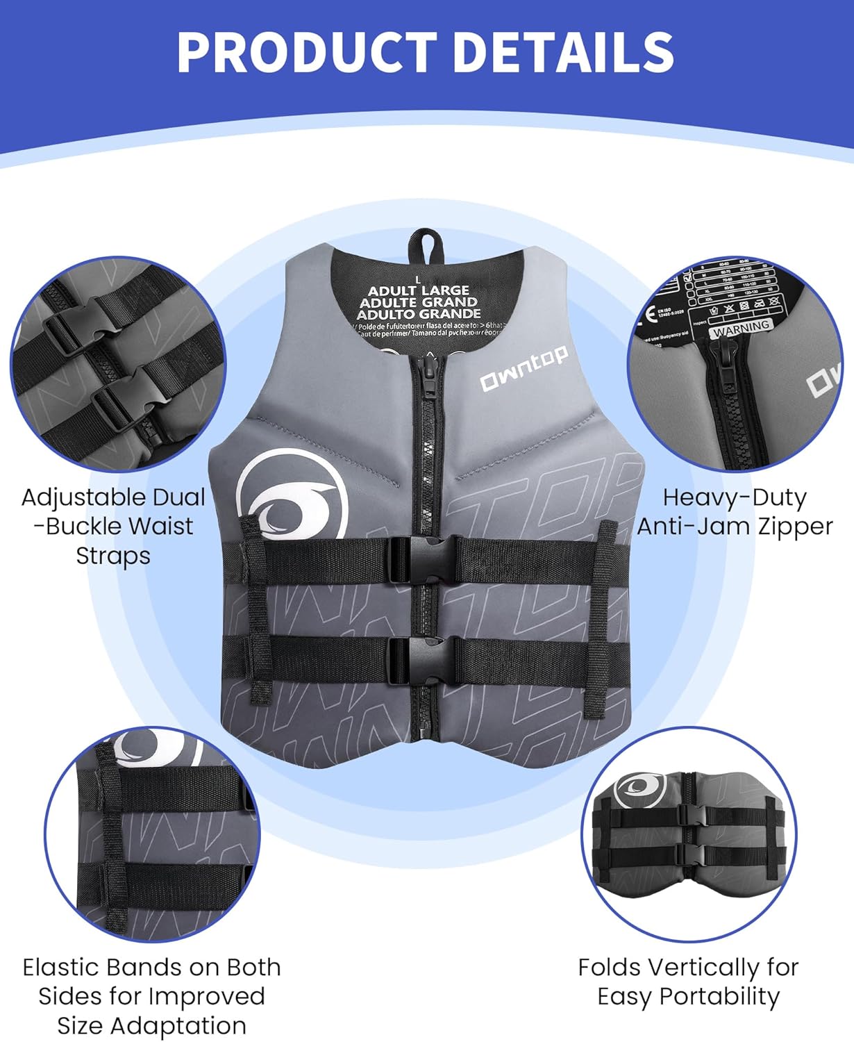 Owntop Swim Vest - Adult Neoprene Water Sport Floaties for Swimming, Boating & Kayaking | Adjustable Zipper & Dual Buckle Design