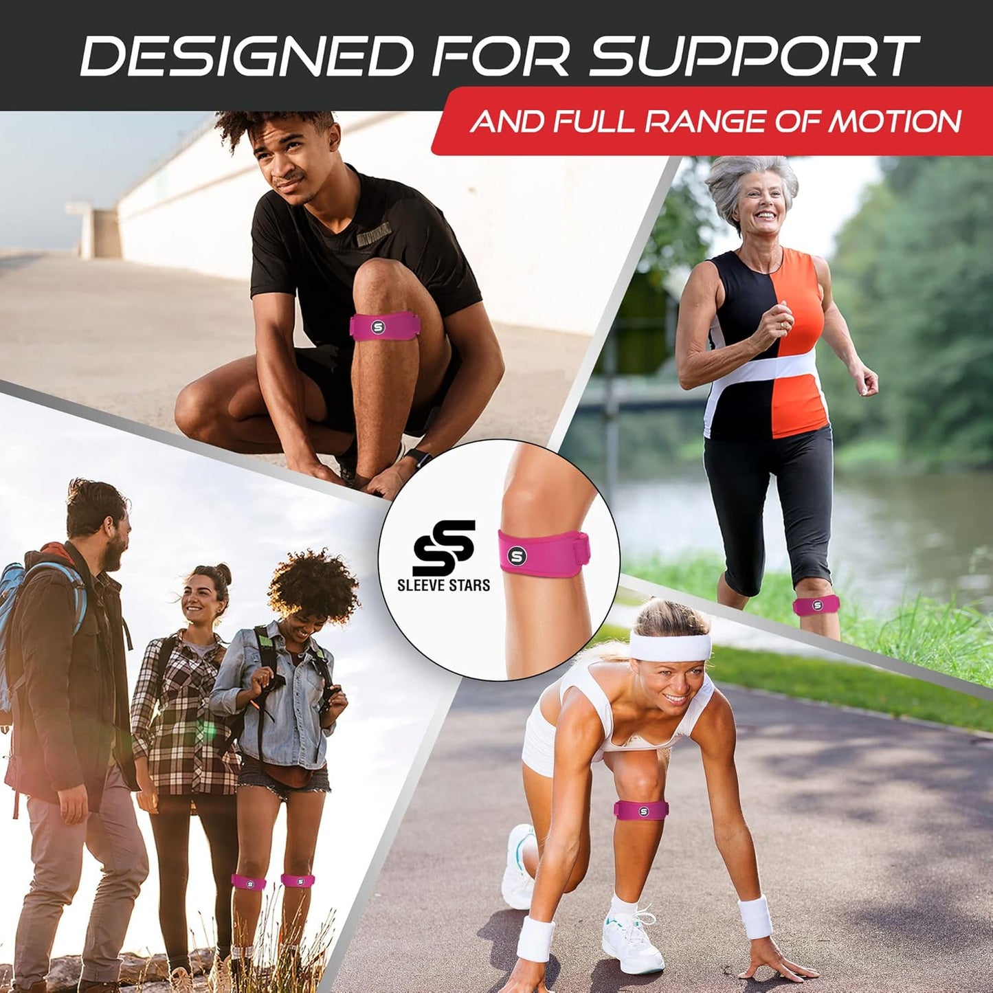 Sleeve Stars Patellar Tendon Support Strap - Effective Osgood Schlatter Knee Brace for Adults & Kids | Adjustable 12"-24" Hot Pink