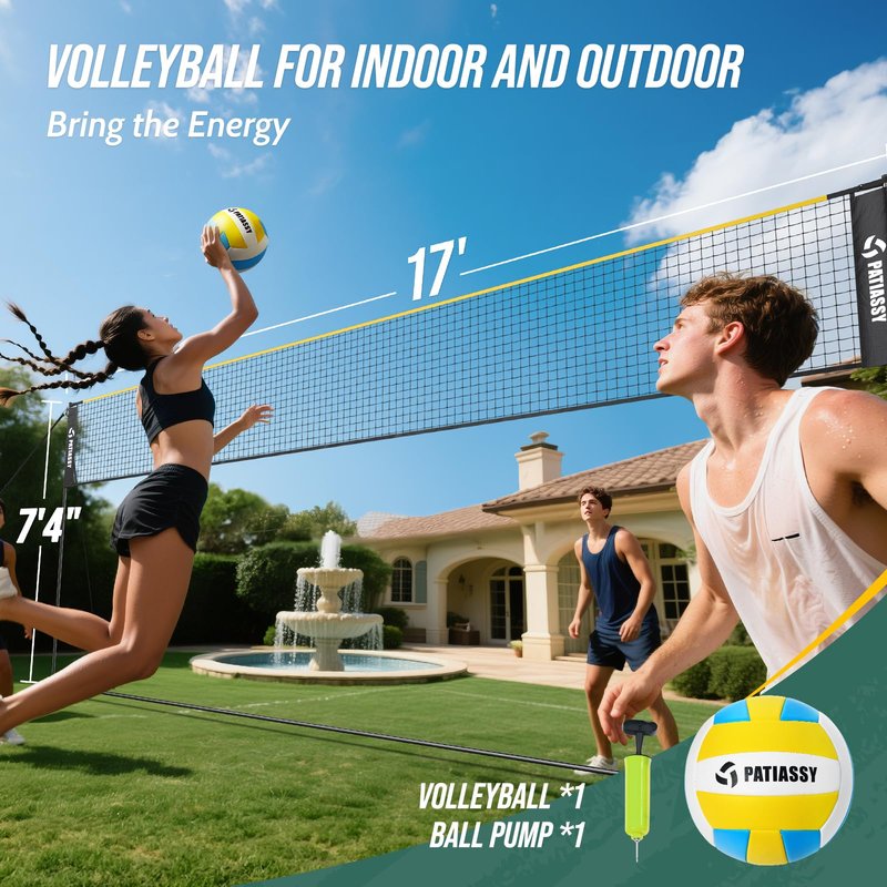 Patiassy Portable Badminton Volleyball Pickleball Net for Backyard, 17FT Combo Set with 5.1ft-7.4ft Adjustable Height for Outdoor Driveway Games, 4 Rackets, 3 Shuttlecocks, 1 Ball and Carry Bag