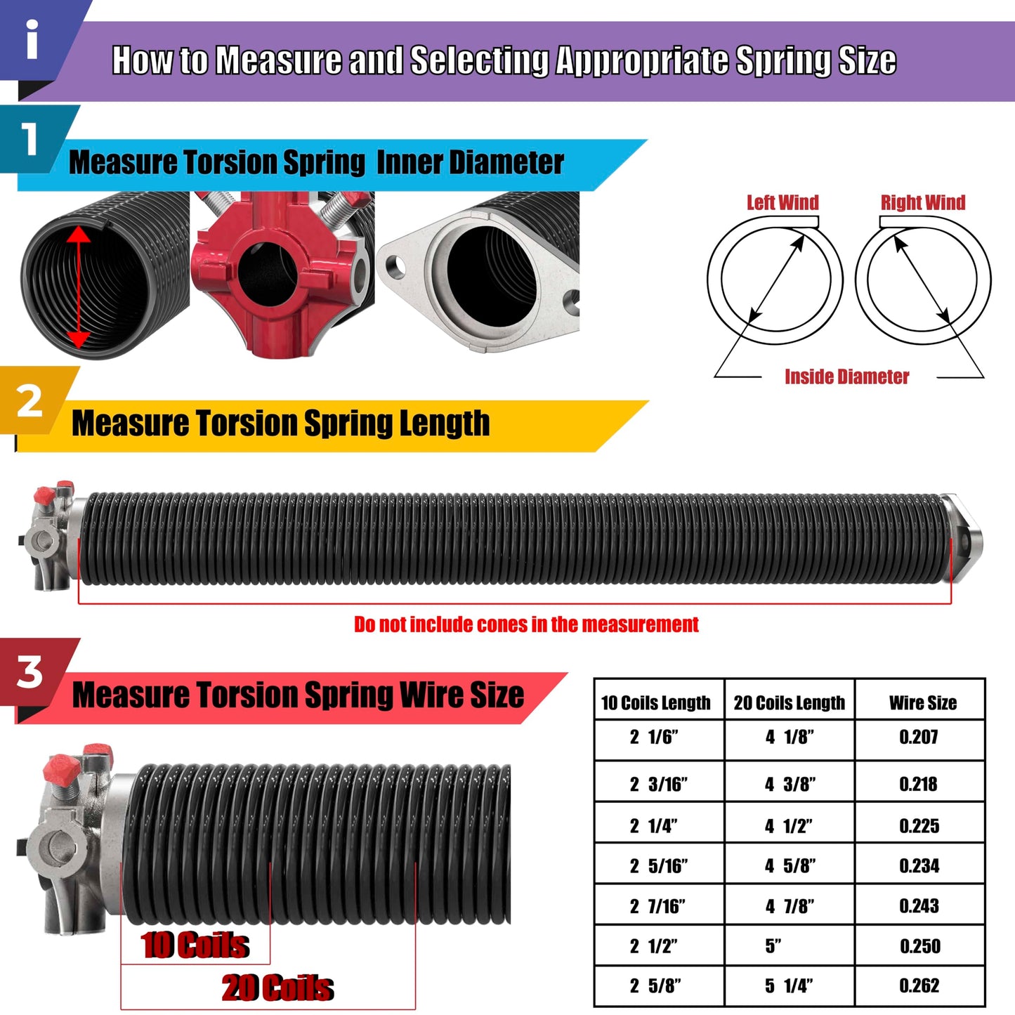 Blesseras Garage Door Torsion Springs with Non-Slip Winding Bars, Oil-Free Electrophoretic Coated Coil 2-Inch Diameter Spring Set, 1 Pair, 207 X 2'' X 22''