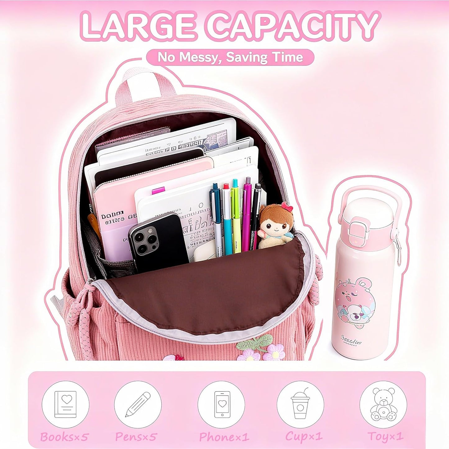 WANSHUNLMI Personalized Corduroy Kids Backpack - Custom Name School Bag for Toddlers | Available in Pink, Sizes M & S