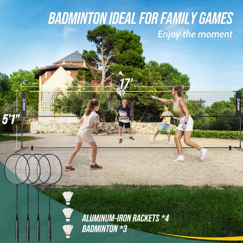 Patiassy Portable Badminton Volleyball Pickleball Net for Backyard, 17FT Combo Set with 5.1ft-7.4ft Adjustable Height for Outdoor Driveway Games, 4 Rackets, 3 Shuttlecocks, 1 Ball and Carry Bag