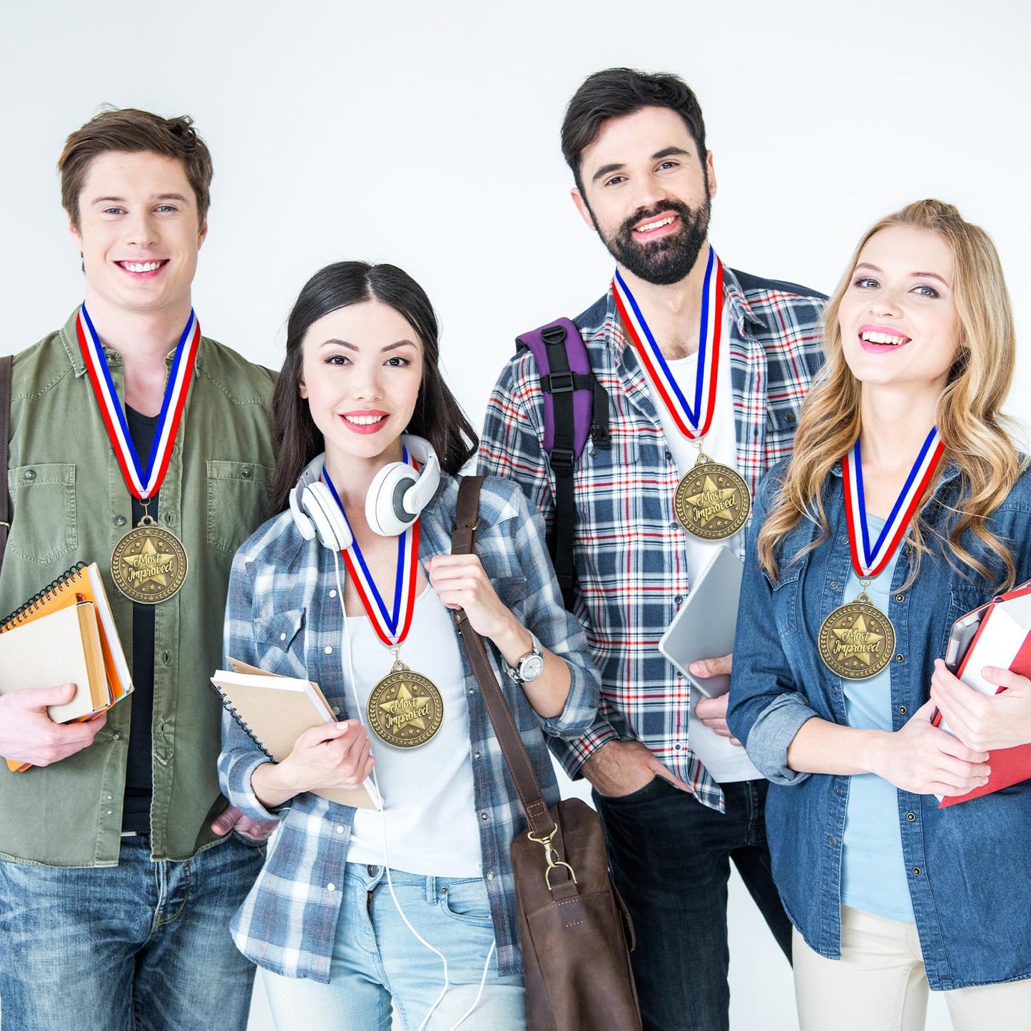 Quelay 30 Pcs 2'' Award Medals Bulk Gold Winner Medals with Neck Ribbons Metal Trophy Award Prize Gift for Tournaments, Competitions, Party, Kids and Adults (Most Improved)