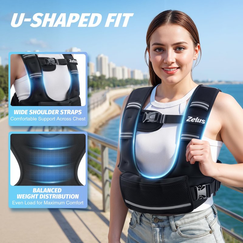 ZELUS Weighted Vest for Women Men, 4-10lb/11-20lb/20-32lb Curve-Fit Ergonomic Design Adjustable Workout Vest with 6 Iron Sand Bags, SGS-Certified Rucking Vest for Strength Training & Cardio Workouts
