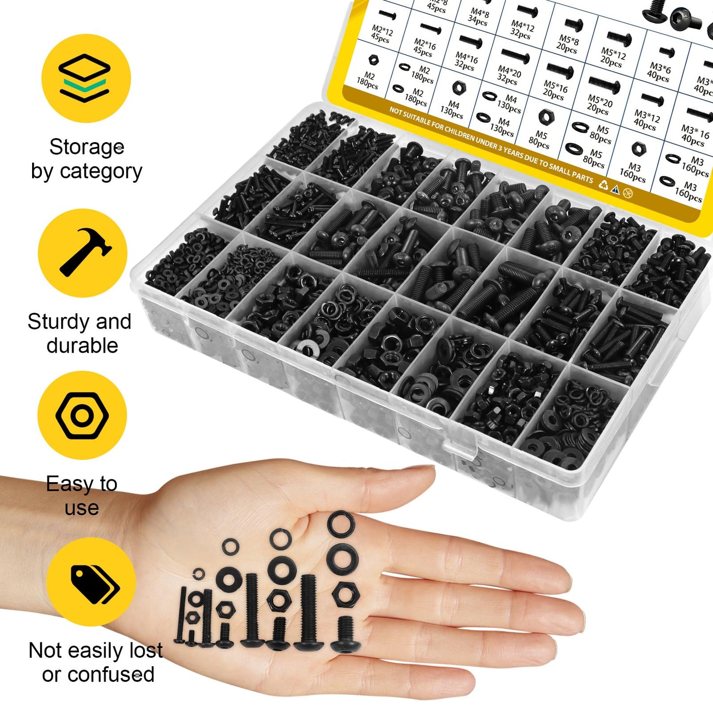 Fgruh 2200PCS M2 M3 M4 M5 Metric Screws Assortment Kit, Hex Socket Button Head Assorted kit, Machine Screw Set with Nuts & Washers,10.9 Alloy Steel Black Zinc Plated for 3D Printing