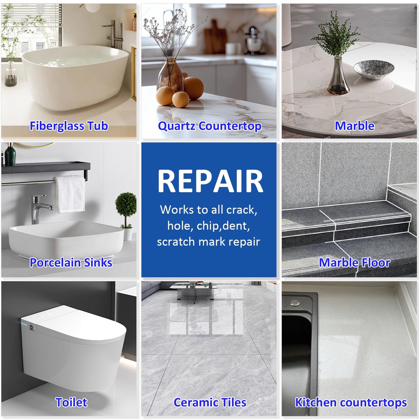 Porcelain Repair Kit, Quadence Waterproof Fiberglass Tub Repair Kit for Porcelain, Enamel, Fiberglass, Acrylic, Ceramic, Fix Chips, Crack, Scratches, Rust, Holes on Tubs, Toilet, Sink, Color Match