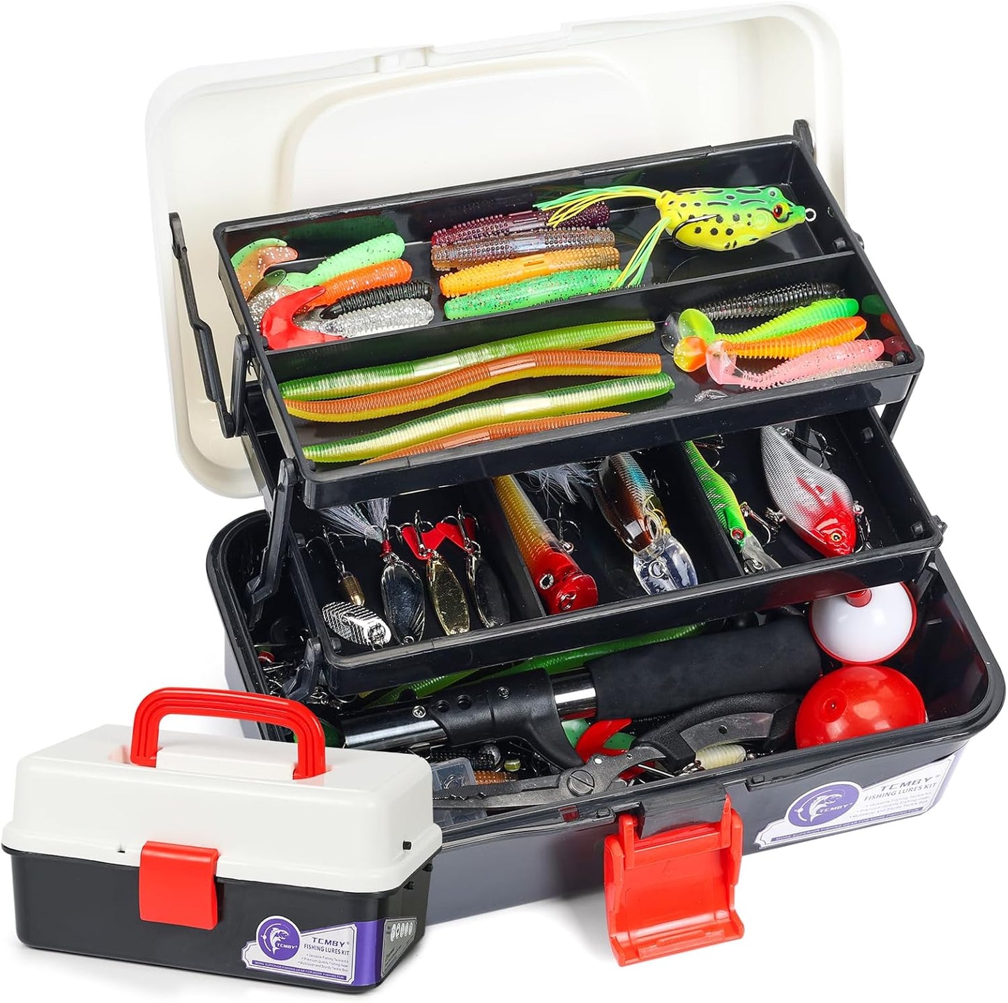 TCMBY Fishing Tackle Box - 3 Layers with 321Pcs Lures, Pliers, Hooks & Accessories | Freshwater Gear (White/Black)
