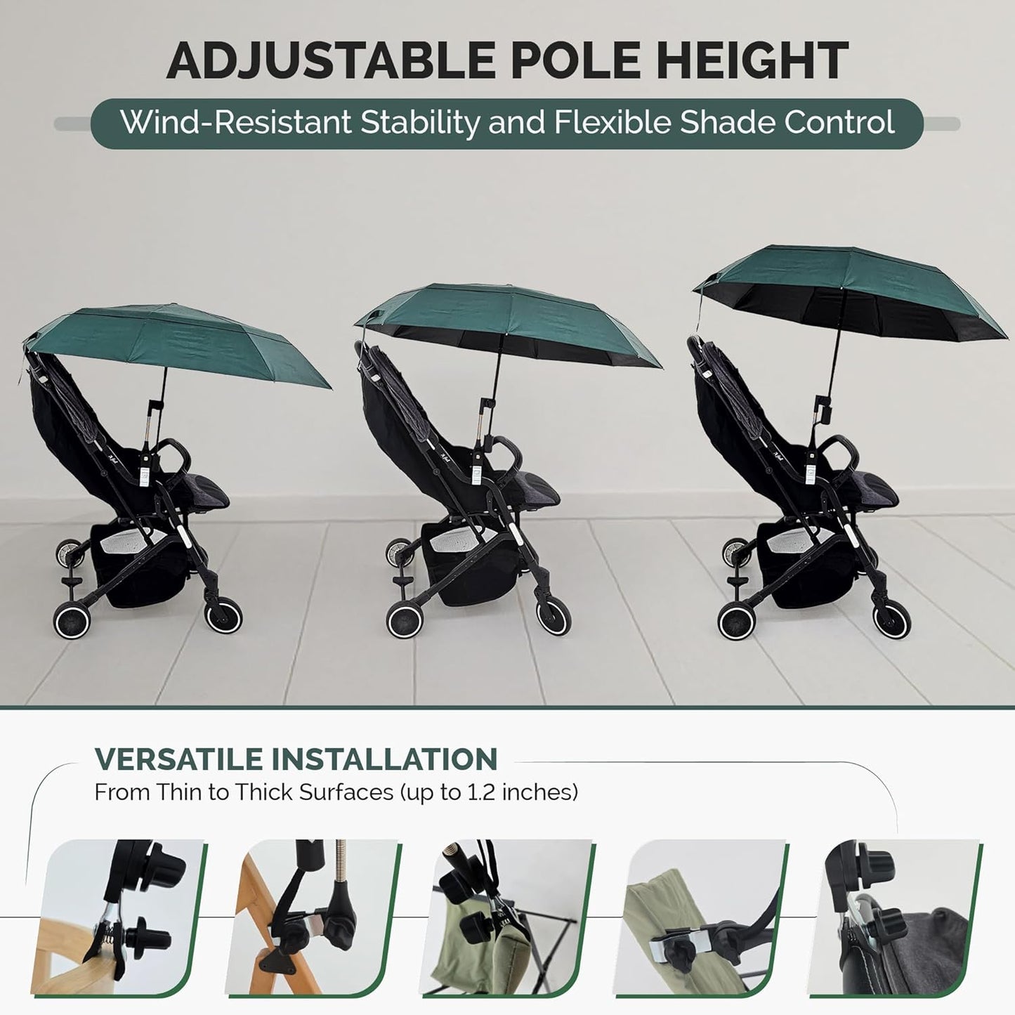 Universal Adjustable Clamp Beach Chair Umbrella by [Brand Name] - Lightweight Portable Sunshade for Strollers, Pools, and Camping (Dark Green)