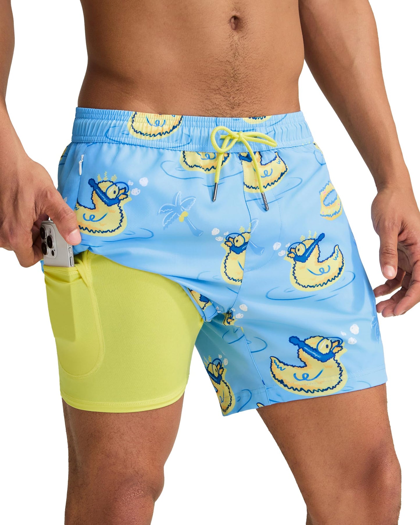 maamgic Mens Swim Trunks with Compression Liner 5 Inch, Quick Dry Bathing Suit with Zipper Pockets, Stretch No-Chafing Swim Shorts, Blue-Swimming Duck Medium
