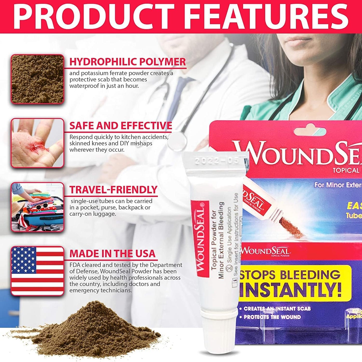 WoundSeal Powder 4 Each (Pack of 4) - Wound Care First Aid for Cuts, Scrapes and Abrasions - Stops Bleeding in Seconds Without Stitches or Bandages