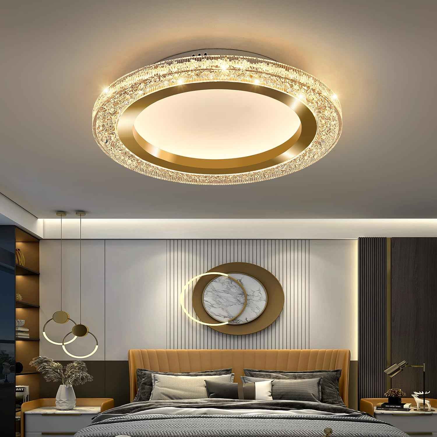 28W Gold LED Flush Mount Ceiling Light - 12" Modern Round Fixture for Bedroom, Kitchen, Bathroom