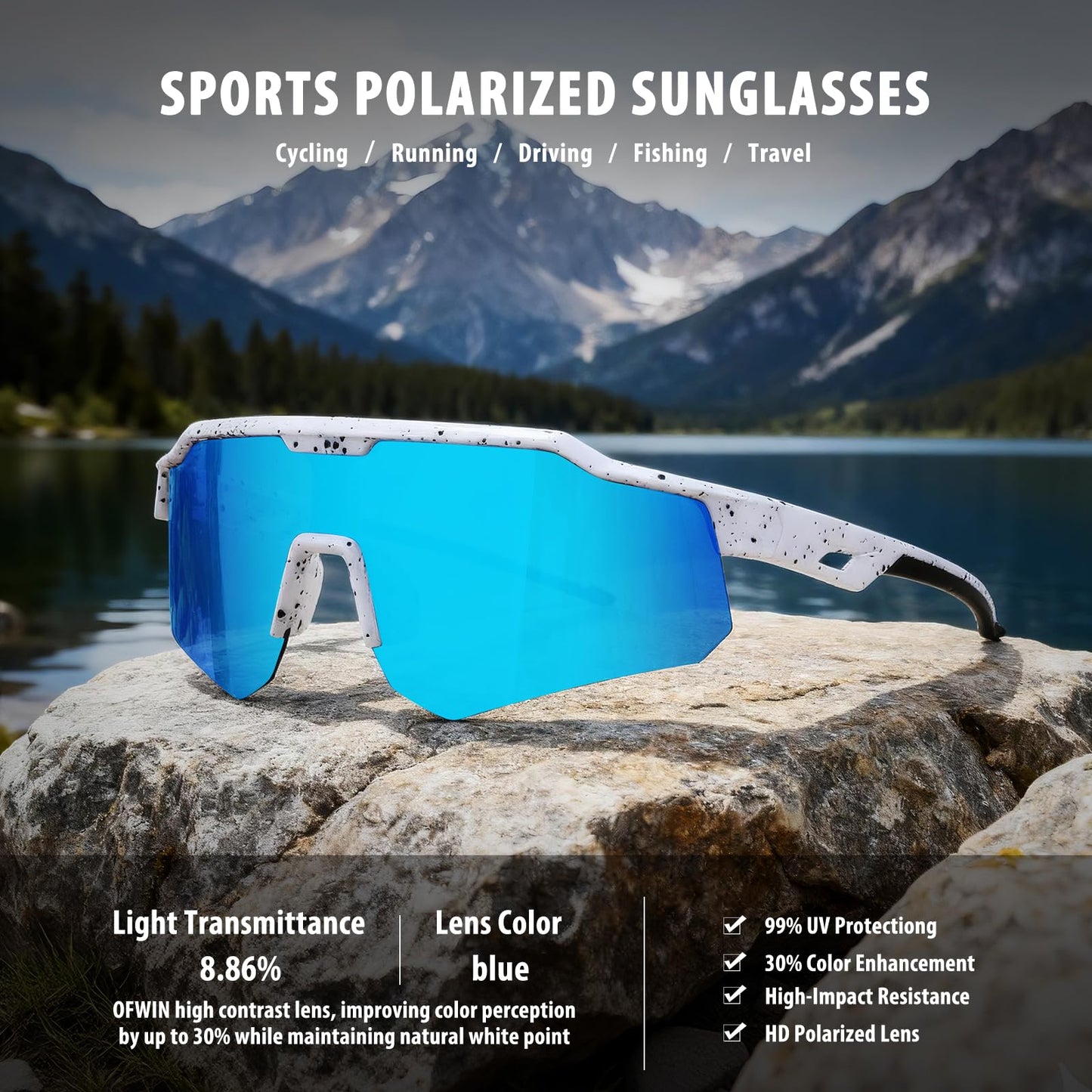 Ofwin Polarized Youth Sports Sunglasses for Boys Girls Kids Baseball Sunglasses Softball Cycling Running Age 5-15 White Frame/Ice Blue Mirror Lens