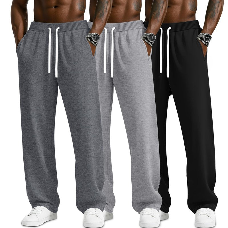 JoyMotion 3 Pack Men's Sweatpants Lightweight Wide Leg Drawstring Open Bottom Pants Baggy Athletic Joggers Lounge with Pocket(Heather Gray, Light Heather Gray, Black,Medium)
