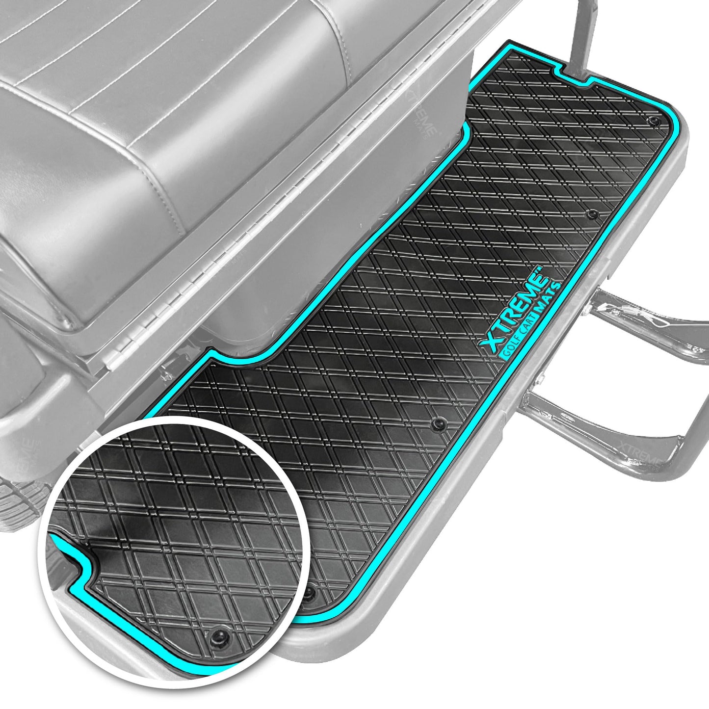 Xtreme Golf Cart Mats Rear Step Rubber Floor Mat Compatible with Evolution D5 2+2, Classic Pro/Plus, Forester Golf Cart Models | For Factory Rear Facing Seat | Full Coverage Protection - Sky Blue Trim