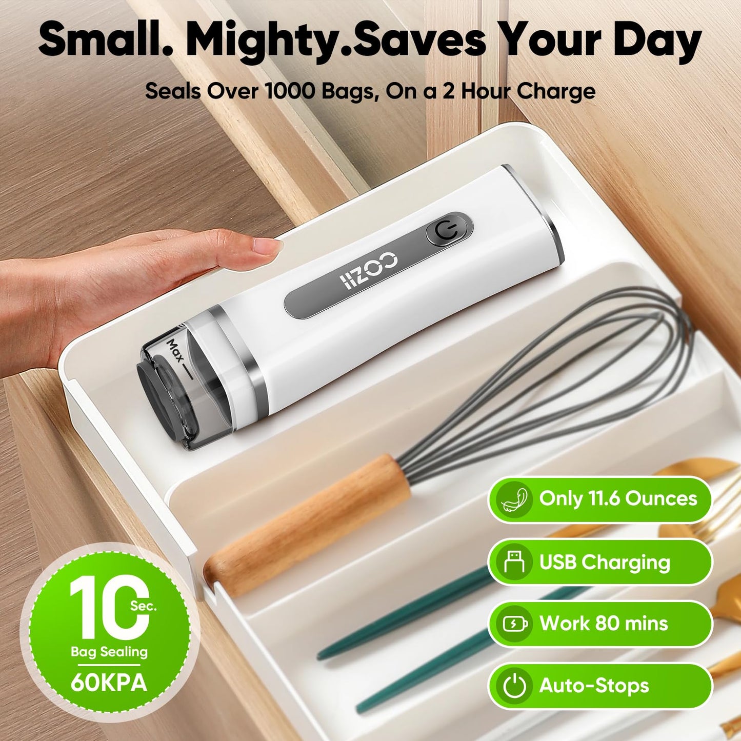 COZII Vacuum Sealer for Food, Powerful Handheld Vacuum Sealer with 30 Reusable Bags, Rechargeable Design with Visible Detachable Tank, Portable Food Saver for Kitchen Camping Travel and Meal Prep