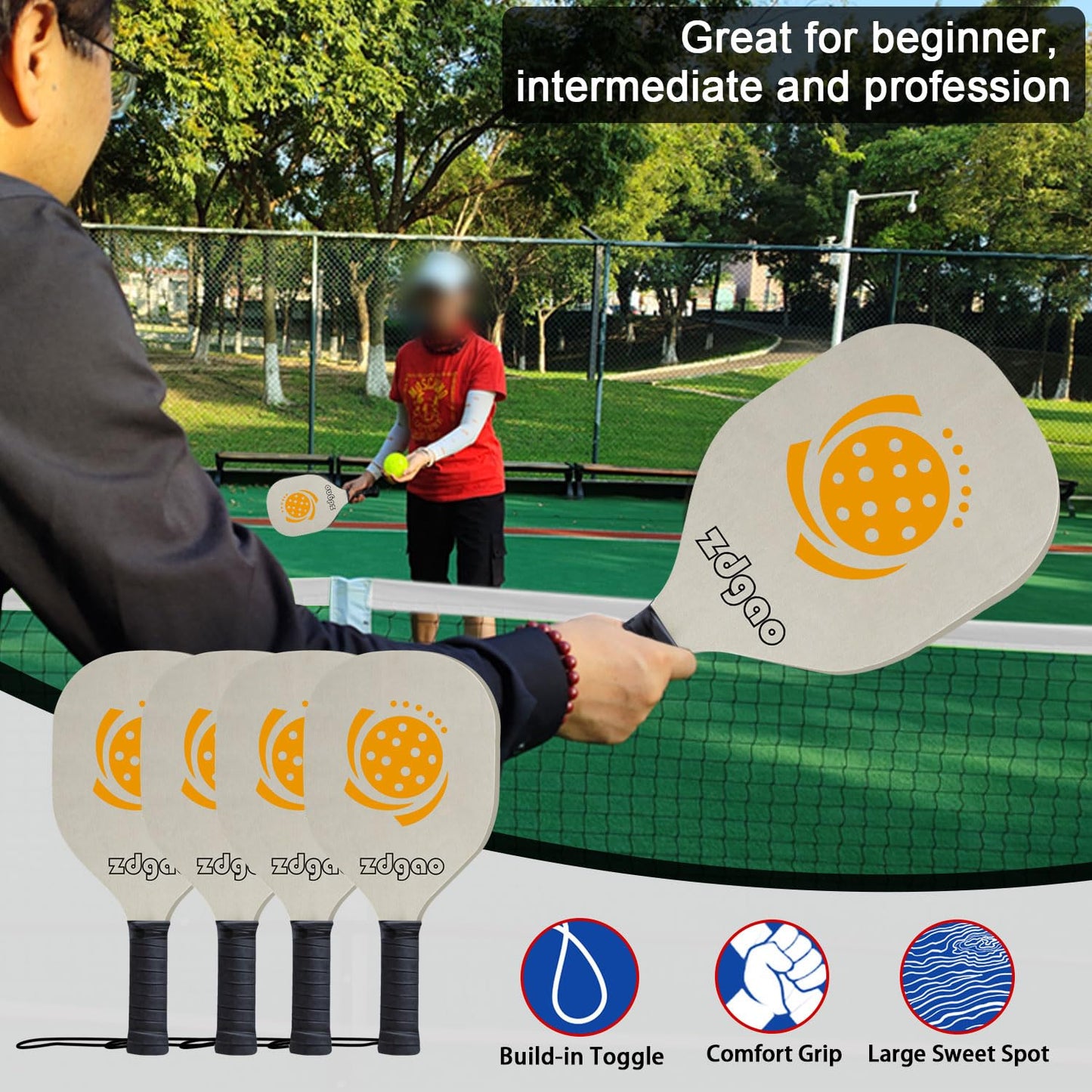 Zdgao Portable Pickleball Net Set with 4 Pickleball Paddles, Official Size Pickleball Net, 4 Outdoor Pickleballs and Carry Bag, Weather Resistance Strong Steel Frame