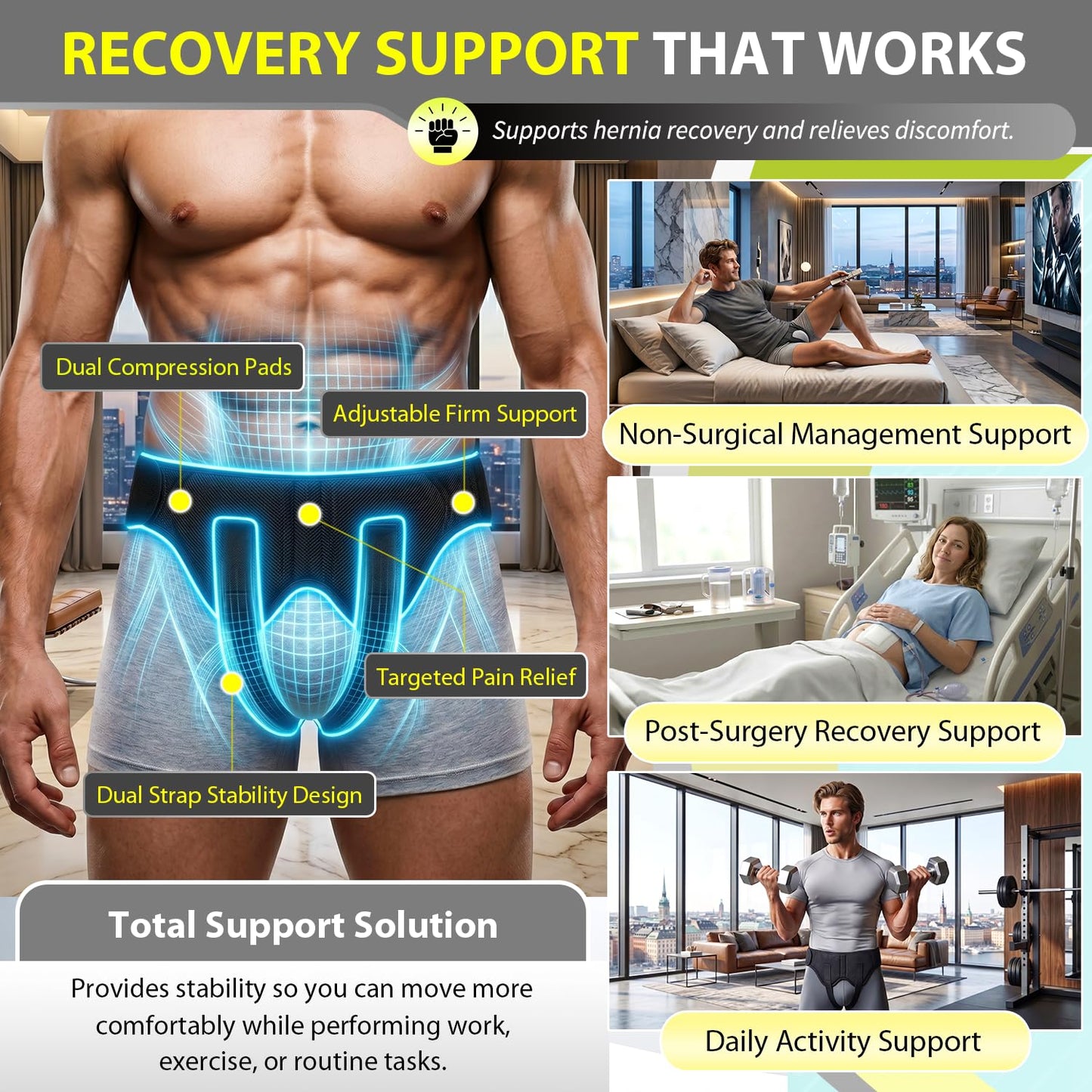 BLITZU Hernia Belt for Bilateral, Double or Single Inguinal, Groin Hernia Support Truss for Men, Women, Pain Relief, Surgery Recovery, Adjustable with 2 Removable Medical Compression Pads. S-M