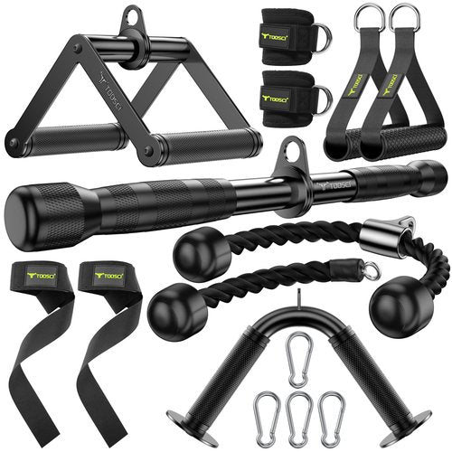 Toosci Cable Attachments for Gym, LAT Pulldown & Cable Machine Attachment Set: V-Shaped Bar, Rotating Straight Bar, V Rotation Handle, Nylon Tricep Rope, Ankle Straps & Handles, Home Gym