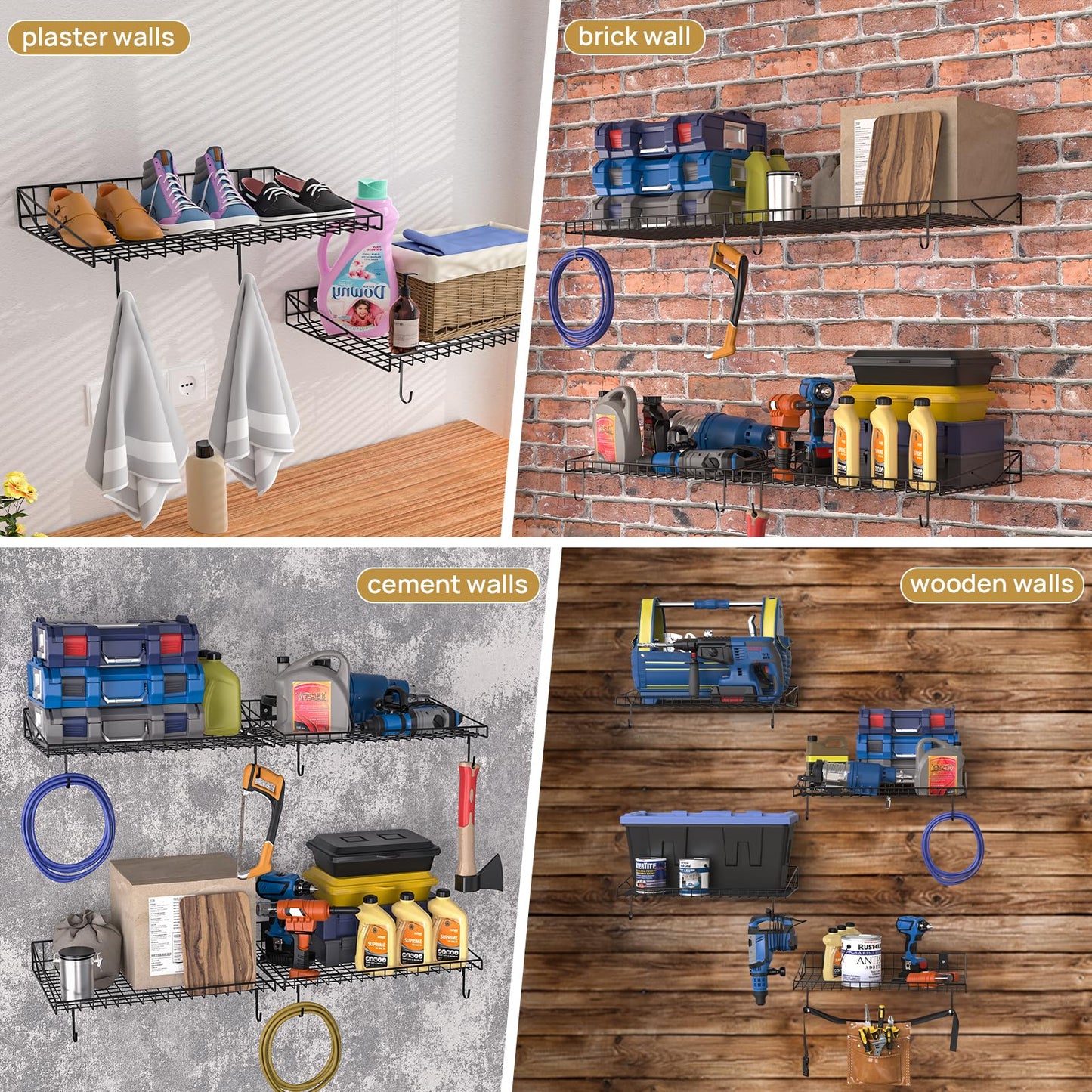 2 Pack Garage Wall Shelf, Garage Wall Mounted Shelving, Heavy Duty Floating Shelves With 4 Hooks, Loads 90 LBS Black Wall Shelves Mesh Storage Rack for Office, Basement, Wall Cabinet and Kitchen