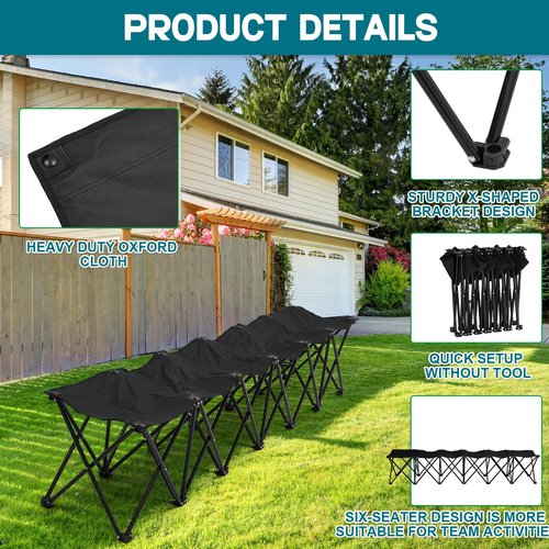 GlikCeil Folding Soccer Team Bench Seat Portable Sports Team Bench Unfolded Sideline Chair Playing Field Bleachers for Football Outdoor Sports Events with Storage Bag, No Assembly(Black,6 Seats)
