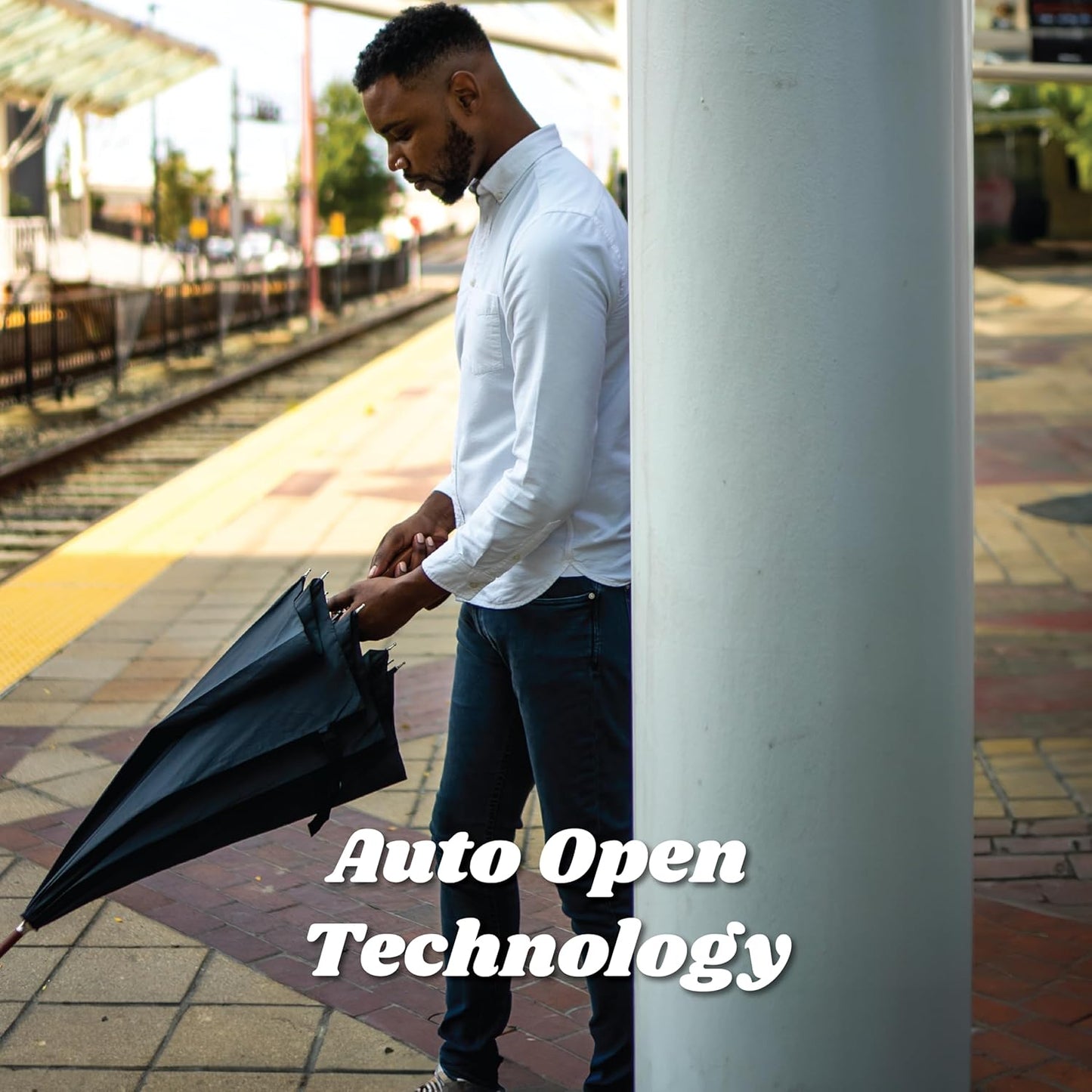 Totes Auto Open Umbrella - Water-Repellent Design with Classic Wood J Hook Handle