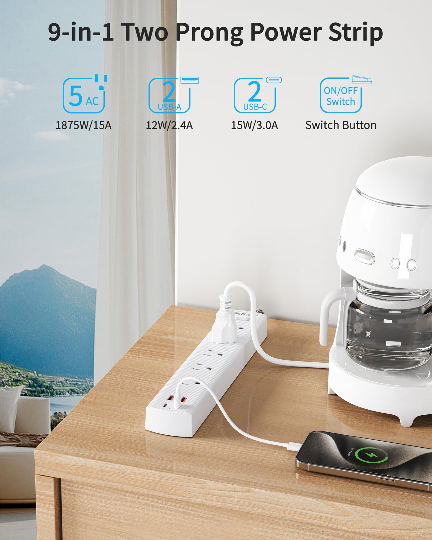 DEPOW 2 Prong Power Strip, 2 to 3 Prong Outlet Adapter with 5 AC & 4 USB Ports (2 USB C), 5FT Braided Cord, 1700J Two Prong Surge Protector, Wall Mountable, Ideal for Old House Non-Grounded Outlets