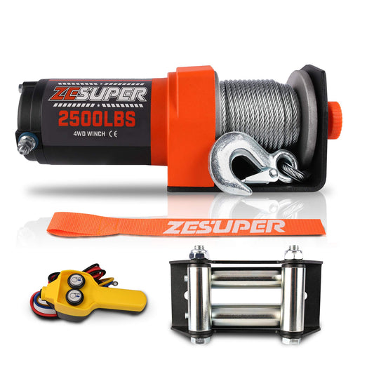 ZESUPER 2500 lb Electric Winch 50ft Steel Cable 12V DC UTV ATV Boat Trailer Winch with Handheld Remote Mounting Plate Waterproof Small Electric Winch ATV Winches Kits
