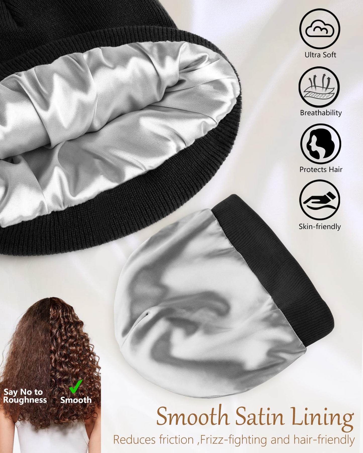 Satin Lined Beanie for Women Men, Cotton Knit Winter Hat Silk Lining Soft Warm Cuffed Fisherman Beanies Hats Skull Cap Black