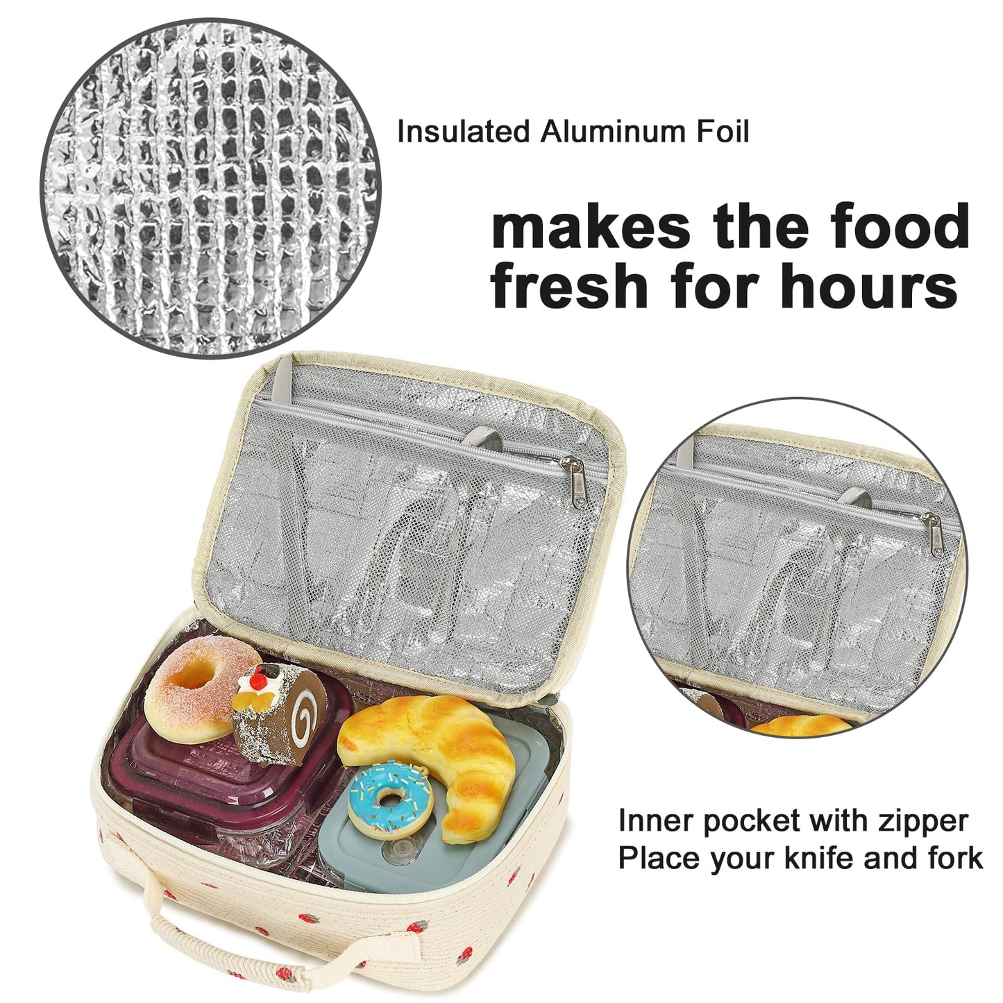 Bluboon Insulated Lunch Bag for Girls & Boys, Corduroy School Lunch Box with Cooler & Organizer Compartments, Leak-Proof Lunch Tote for School, Travel (Corduroy Strawberries Beige)