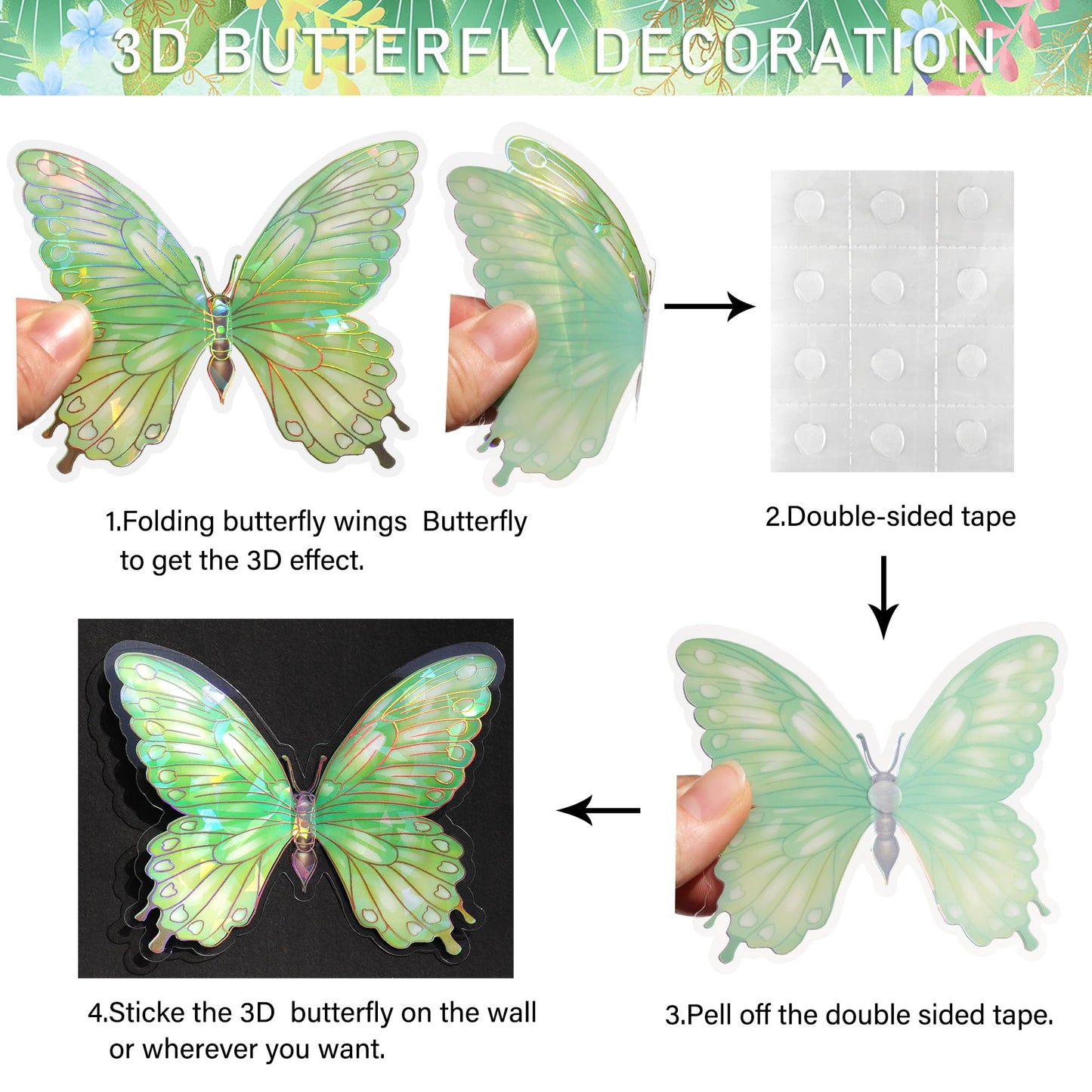 3D Butterfly Wall Decor - 50PCS Removable PVC Butterflies Wall Stickers- Multi-Size (2.8"-3.9")- DIY Removable Wall Art Decal for Kids Room, Nursery, Bedroom, Classroom, Party Decoration (Green)