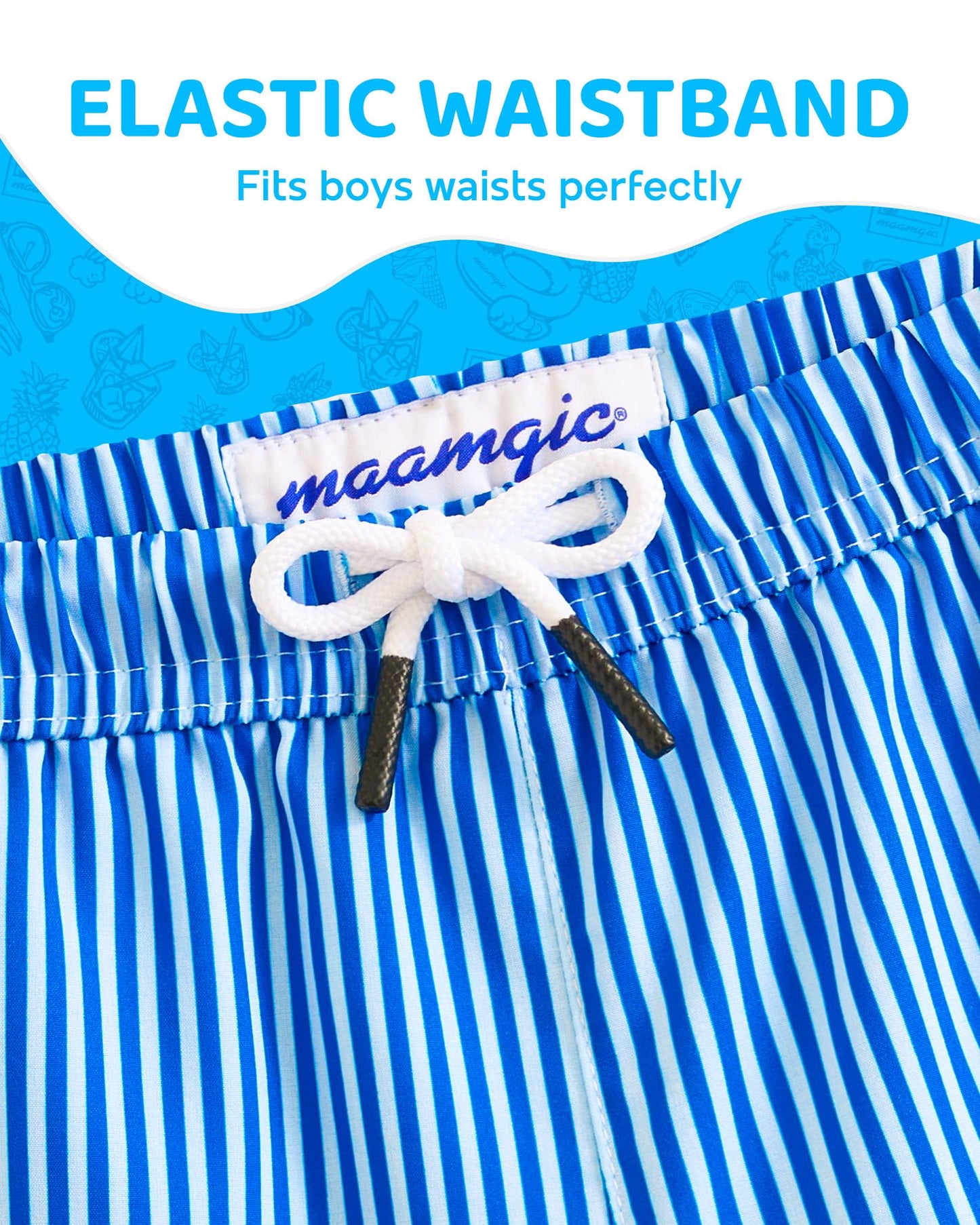 maamgic Boys Swim Trunks with Compression Liner 4-Way Stretch Quick Dry Bathing Suit Toddler Beach Shorts Blue White Stripes 10-12 Years