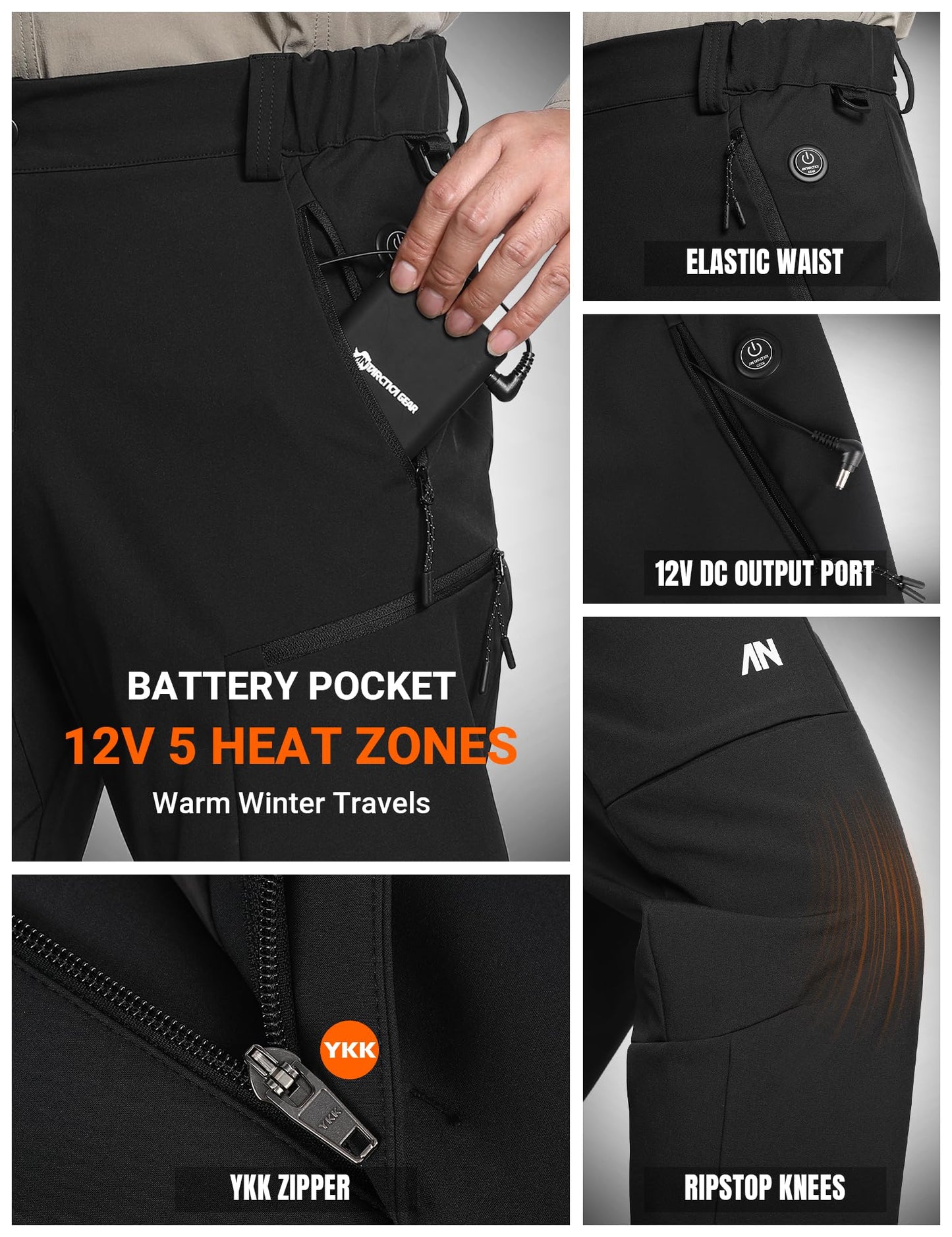 ANTARCTICA GEAR Heated Pants for Men, with 12V/15000mAh Battery, 5-Zone Heating Softshell Outdoor Trousers Hiking Pants Black