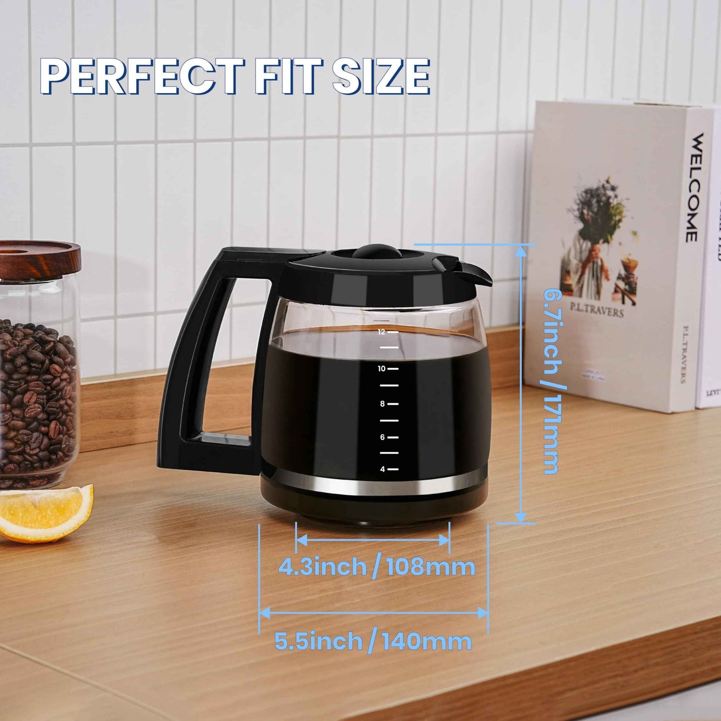 12-Cup Glass Carafe Replacement Compatible With Cuisinart Coffee Maker Models CHW-12, CHW-12P1, DCC-1100BK, DCC-1200, DCC-2650, DGB-550BK, DGB-550BK1, DGB-625BC, DGB-700BC, and SS-12 DCC-1200PRC.