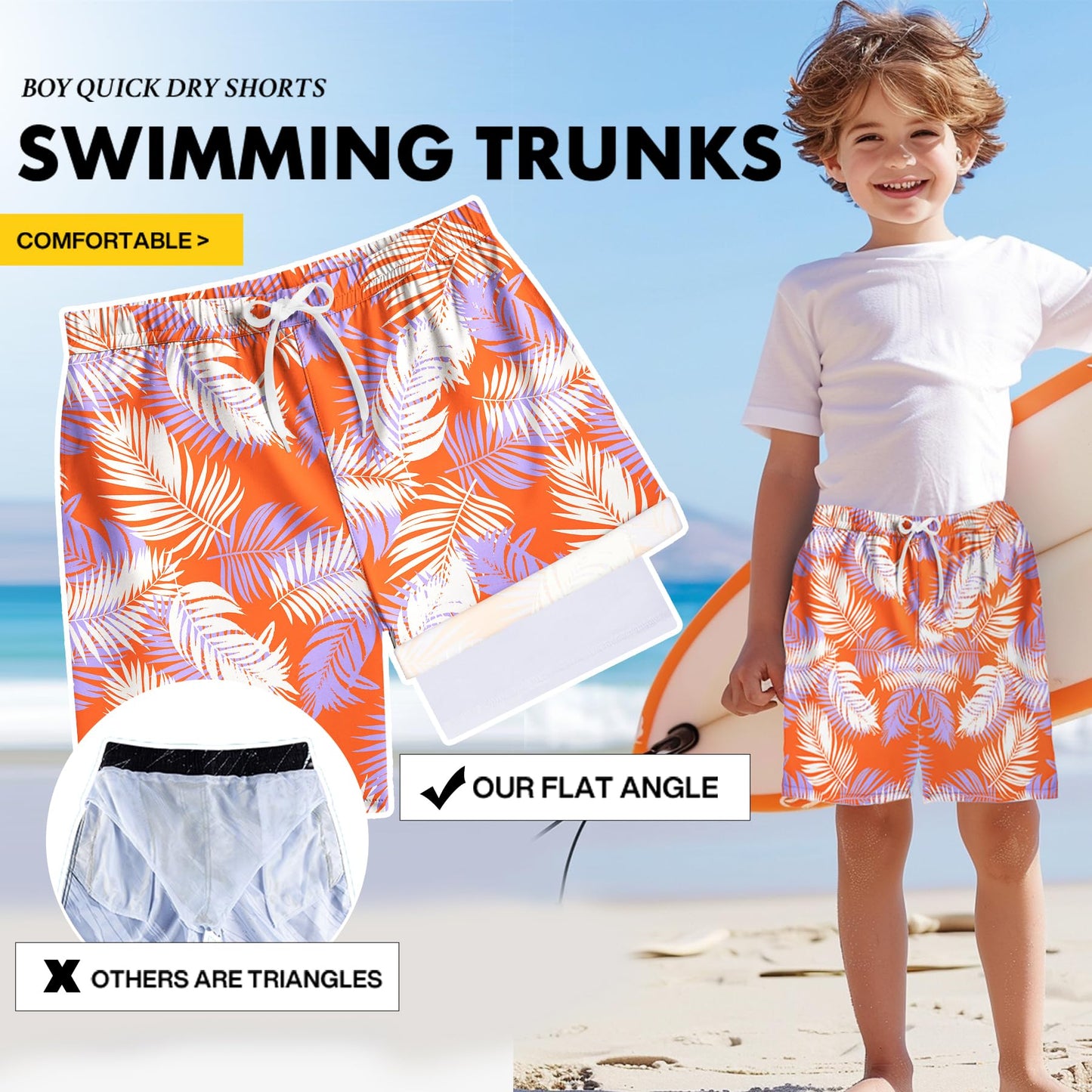 HOOGRIN Boy CPF 50+ Swim Trunks Bathing Suit Swimsuit Board Shorts Fit Kid Youth Teen Beach Swimming,Gradient Orange,8 Years