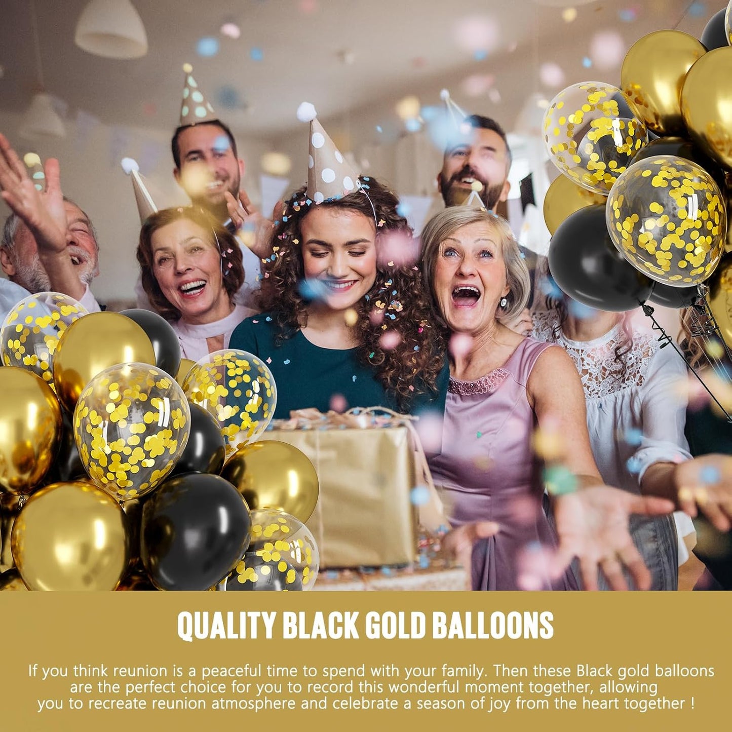OWill Black and Gold Confetti Balloons - 100pcs 12-Inch Balloons for Birthdays, Weddings & Party Decor