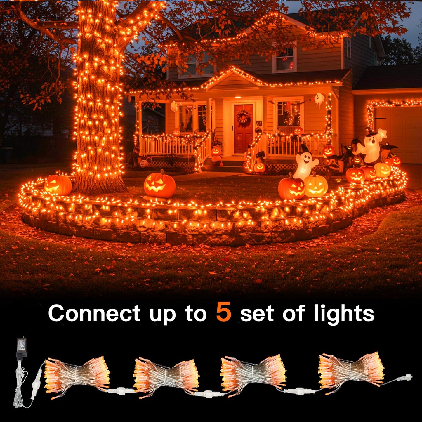 suddus Orange Halloween Lights Outdoor with Remote, 66ft 200 LED Connectable Waterproof String Lights Plug in, Dimmable Clear Wire Fairy Lights for Fall, Thanksgiving, Party, Tree, Garden, Porch Decor