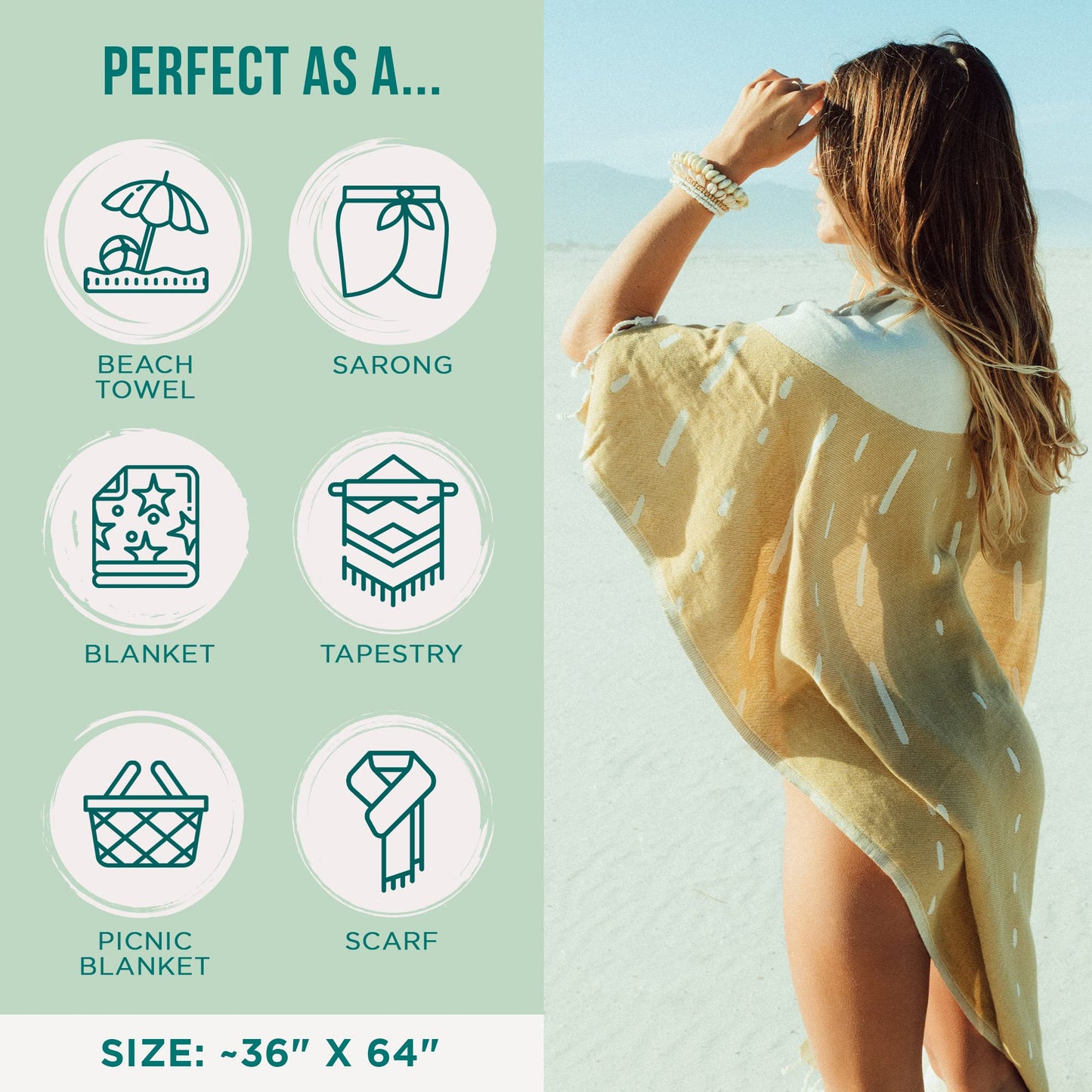 Sand Cloud Turkish Beach Towel - Sand Resistant - 100% Organic Turkish Cotton Yarn - Quick Dry Towel for Beach, Picnic Blanket or Throw - As Seen on Shark Tank - Sunrise