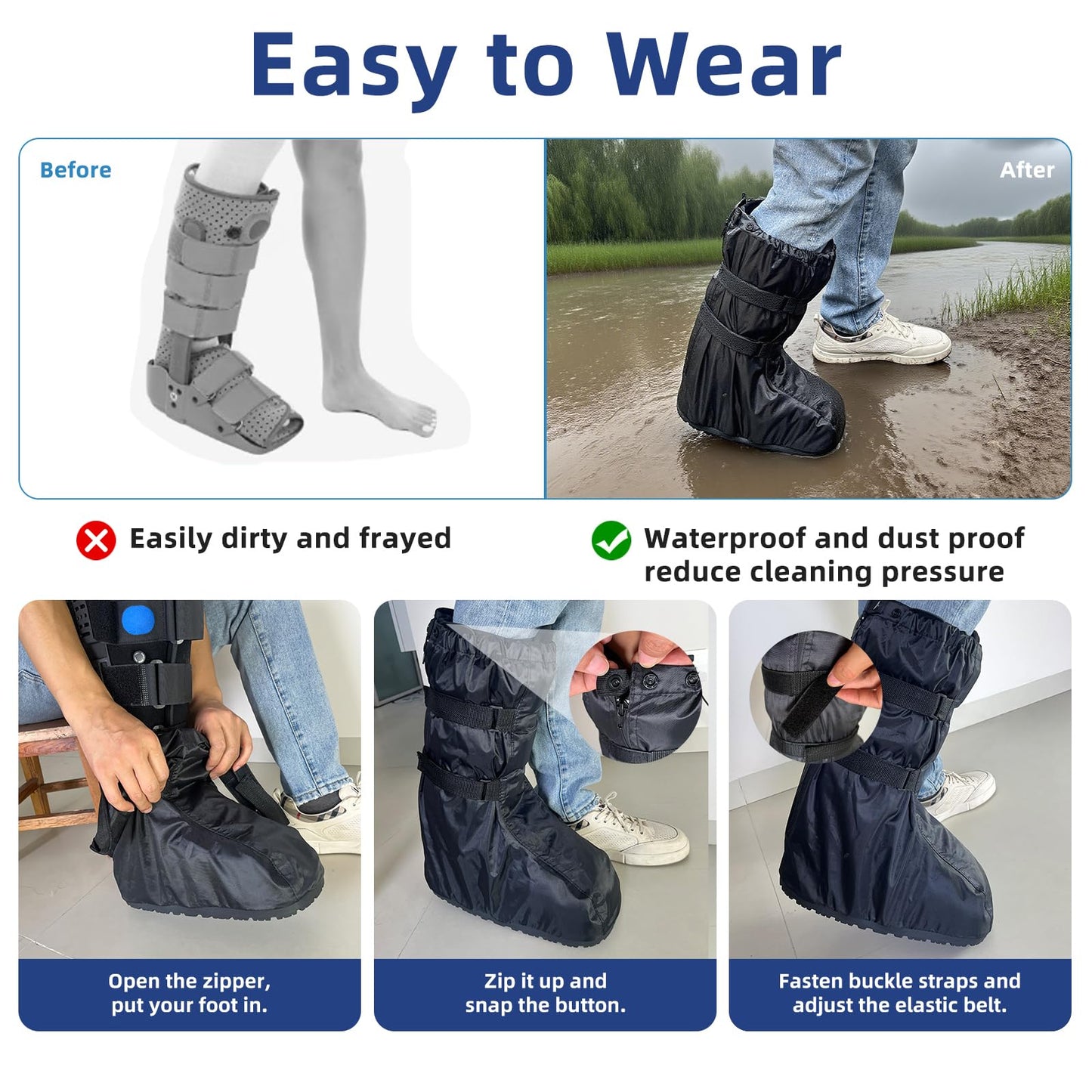 FONOFOX Waterproof Boot Cover for Medical and Orthopedic Boots, Heavy-Duty Non-Slip Sole, Reusable Shoe Protector for Rain, Snow, Beach, Garden, Indoor & Outdoor Use(Medium)