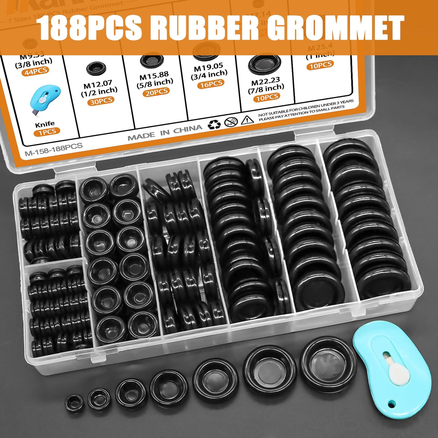 mankk 188PCS Closed Rubber Grommet Kit Firewall Hole Plug Assortment Kit 7 Size(7/25" 3/8" 1/2" 5/8" 3/4" 7/8" 1") Drill Hole Round Rubber Hole Plug with Knife