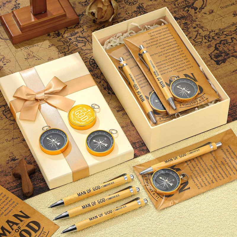 Sayglossy 20 Sets Man of God Gift Bulk, Christian Gifts for First Communion, Baptism, Religious Compass, Ballpoint Pens, Bible Verse Card with Opp Bag for Fathers Day, Pastor Men, Church